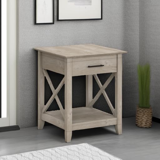 Bush Home End Table with Drawer, Nightstand with Storage, Living Room and Bedroom Furniture, Key West Collection, Washed Gray