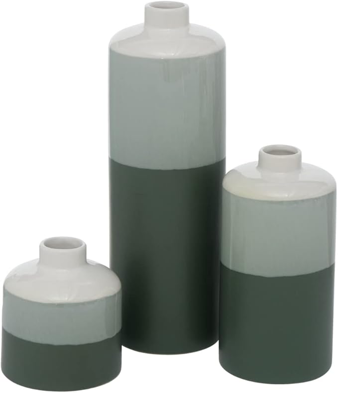 Iconic Dipped Scandinavian Style Vases, Set of 3, Glazed Porcelain, Tonal Shades, Pale Grey, Green and Dark Green, 11.5 H Inches
