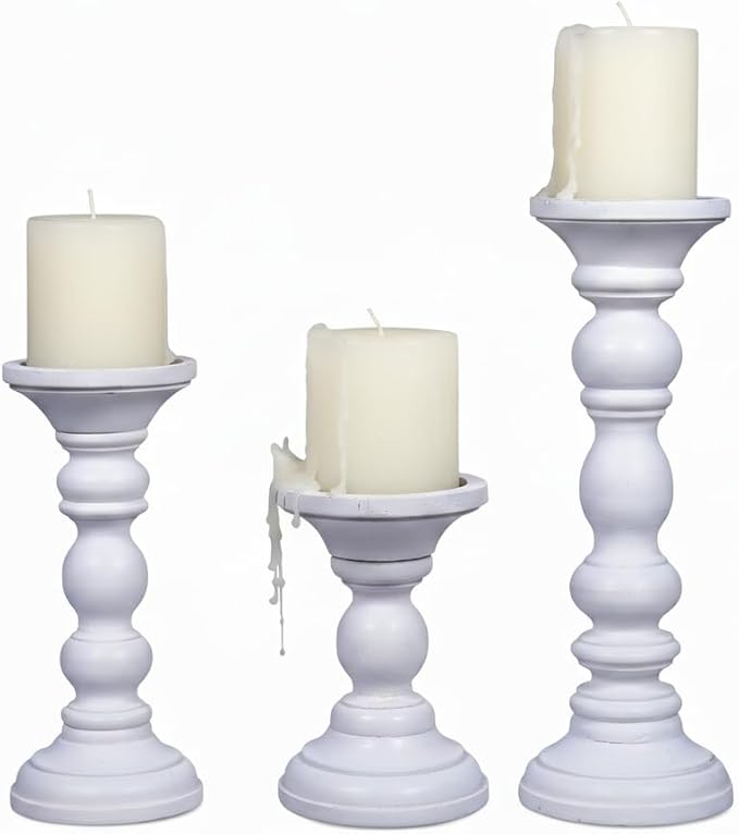 Mela Artisans Wooden Pillar Candle Holders | Willow Design | Set of 3 Mango Wood Candlesticks | Matte White | Sizes 6" & 9" & 12" | Table Decor | Centerpiece | Mantel | Wedding | Living Room Decor