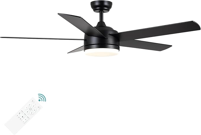 YUHAO 52 Inch Black Ceiling Fan with Light and Remote Control.Noiseless,Dimmable,3CCT,6 Speeds Reversible, DC Ceiling Fans for Indoor or Covered Outdoor