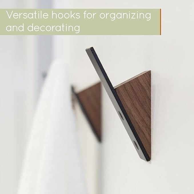 Homeforia Walnut Wood Coat Hooks, High End Walnut Wood & Black Metal Wall Mounted Coat Hook, Mid-Century Modern Clothes Hooks, Heavy Duty Wooden Hook for Hanging Coats, Hats, Towels & More, Set of 10