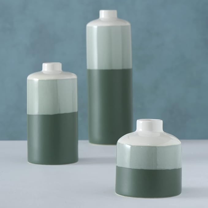 Iconic Dipped Scandinavian Style Vases, Set of 3, Glazed Porcelain, Tonal Shades, Pale Grey, Green and Dark Green, 11.5 H Inches
