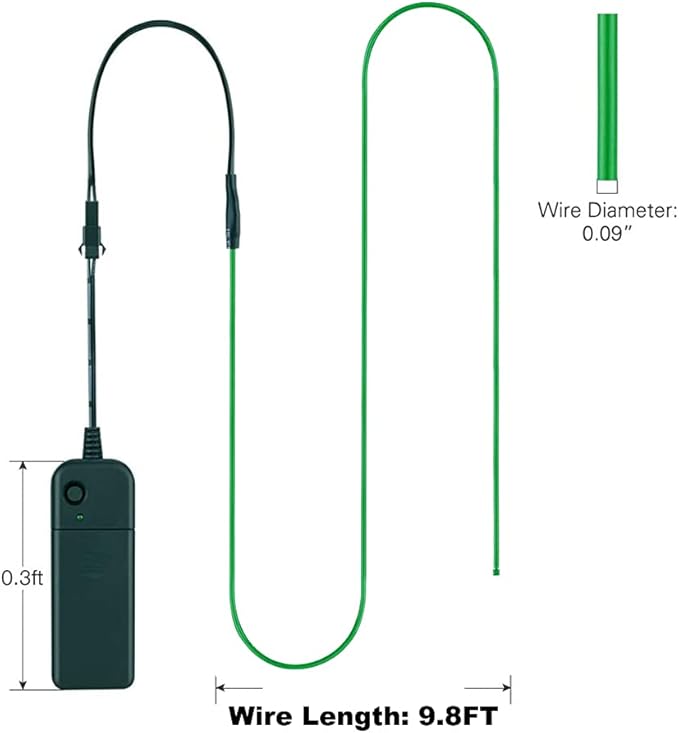 MaxLax EL Wire Green, 9.8ft/3m Portable Battery Pack Neon Light Strip 360° Cuttable Glowing Rope Lights for Parties, Halloween, DIY Decoration
