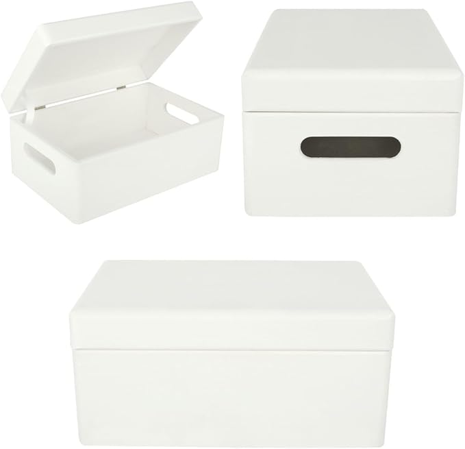 Large White Wooden Box Storage with Hinged Lid | 11.8x7.87x5.51in (+-0.5) | with Handles | Gift Box for Tool Dog Toy Shoes Clothes Kitchen Storage | Wood Keepsake Chest