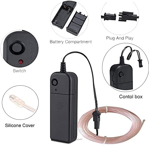 MaxLax EL Wire White, 16.4ft/5m Portable Battery Pack Neon Light Strip 360° Cuttable Glowing Rope Lights for Parties, Halloween, DIY Decoration