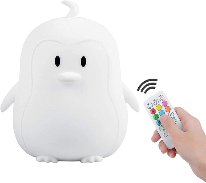 Animal-shaped Big Night Light for Children/Adult, Rechargeable LED Soft Silicone (BPA Free) Bedside Lamp, Adjustable Brightness and 9 Colors by Touch Control & Remote Control (Big Penguin)