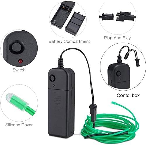 MaxLax EL Wire Green, 2M Portable Battery Pack Neon Light Strip 360° Cuttable Glowing Rope Lights for Parties, Halloween, DIY Decoration