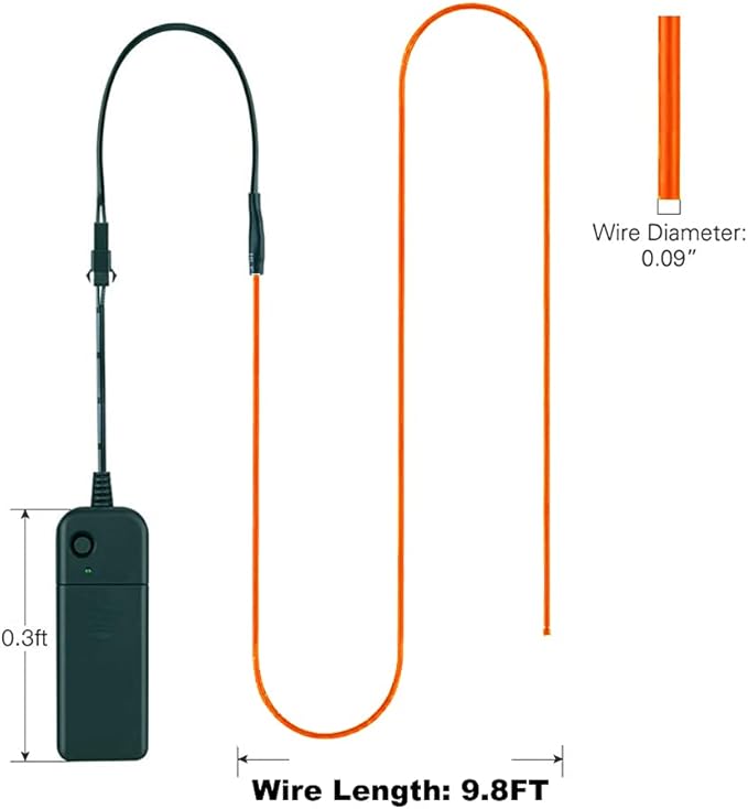 MaxLax EL Wire Orange, 9.8ft/3m Portable Battery Pack Neon Light Strip 360° Cuttable Glowing Rope Lights for Parties, Halloween, DIY Decoration