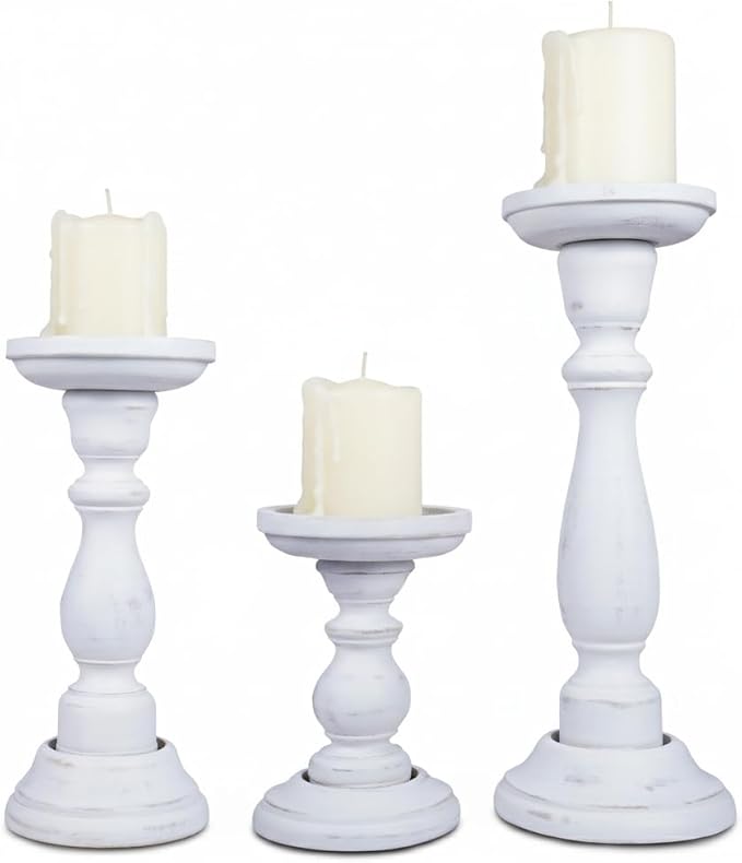 Mela Artisans Wooden Pillar Candle Holders | Tuli Design | Set of 3 Mango Wood Candlesticks | Matte White | Sizes 6" & 9" & 12" | Table Decor | Centerpiece | Mantel | Wedding | Living Room Decor