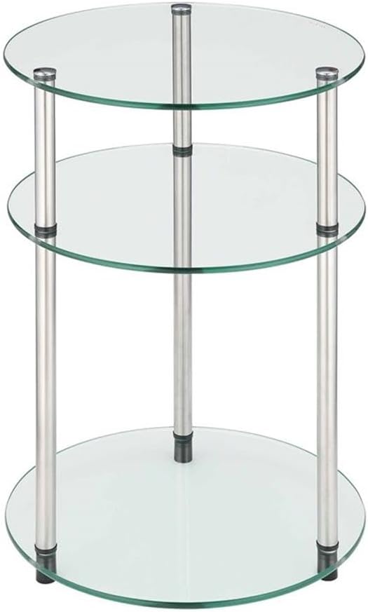 Convenience Concepts Designs2Go Classic Glass 3-Tier Round End Modern Contemporary Side Table with Storage Shelves for Living Room, Bathroom, Bedroom, 15.75"
