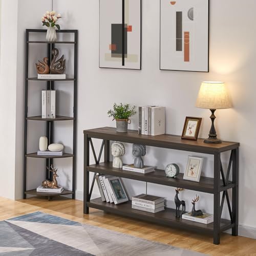 FATORRI Console Table for Entryway, Sofa Tables Behind Couch, Rustic Wood and Metal Foyer Table with 3 Tier Shelves for Hallway Living Room, Front Door (55 Inch, Walnut Brown)