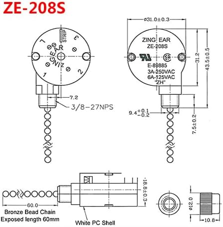 Ceiling Fan Switch Zing Ear ZE-208s E89885 3 Speed 4 Wire Pull Chain Switch Fan Light Switch Replacement Part with 4 Pre-Installed Wires(Black Chain)