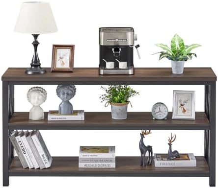 FATORRI Console Table for Entryway, Sofa Tables Behind Couch, Rustic Wood and Metal Foyer Table with 3 Tier Shelves for Hallway Living Room, Front Door (55 Inch, Walnut Brown)