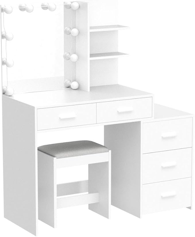usikey 43.5in Large Vanity Desk with Mirror and 10 LED Lights, Makeup Vanity Table with Lights and 5 Drawers, White Vanity Table Vanity Set with Storage Shelves and Stool for Women Girls, White