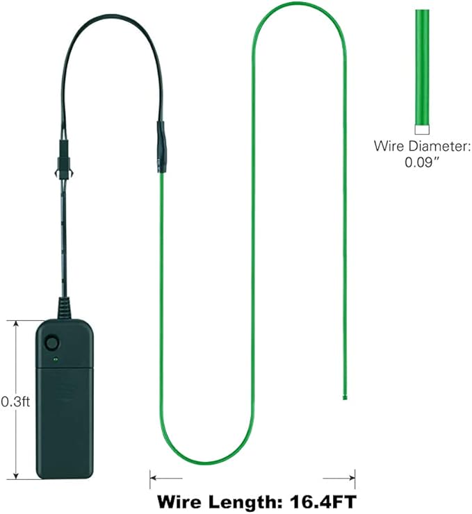 MaxLax EL Wire Green, 16.4ft/5m Portable Battery Pack Neon Light Strip 360° Cuttable Glowing Rope Lights for Parties, Halloween, DIY Decoration