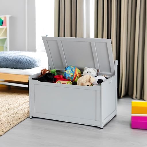Melissa & Doug Toy Chest, Wooden Toy Storage Box with Safety-Hinged Lid, Kids Toys Storage Organizer for Playroom, Bedroom, & Montessori Classroom Furniture for Boys & Girls Ages 3+, Gray