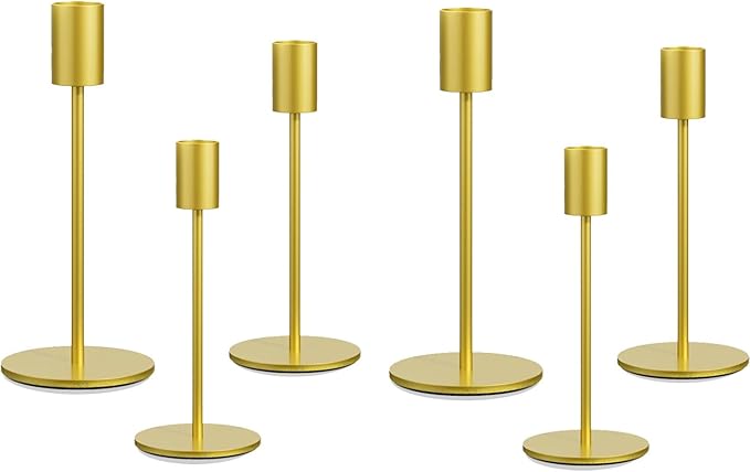 Taper Candle Holder Set of 6, Brass Gold Tall Candlestick Holders, Metal Vintage Candle Stickers Long Holder Set, Pillar Decorative Candle Holder Fits 3/4 Inch Candle for Wedding (Gold-6 Packs)