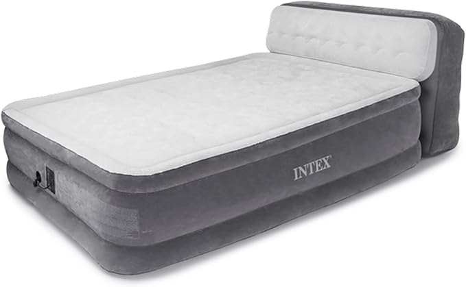 Intex Dura-Beam Ultra Plush Inflatable Pillow Top Bed Air Mattress with Headboard, Built-in Internal Electric Pump and Carry Storage Bag, Queen, Gray