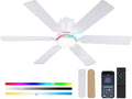 Ceiling Fans with Lights- 52" RGB Low Profile Indoor Ceiling Fan with Light and Remote/APP Control, Flush Mount, 6 Blade, LED Dimmable DC Reversible Modern Ceiling Fan for Bedroom（White）