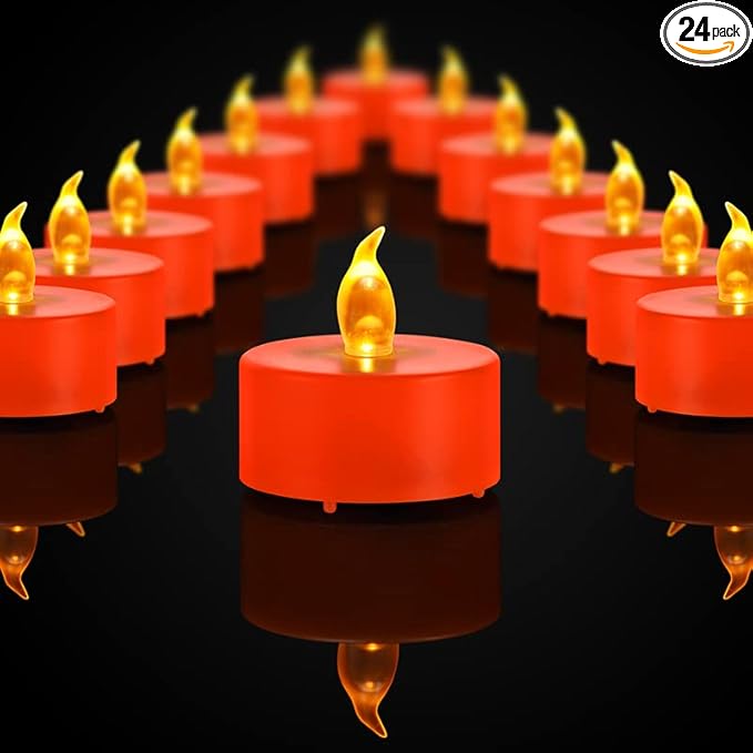 Battery Operated LED Tea Lights: 24PACK Flameless Electric Votive Candles Lamp Realistic and Bright Flickering Holiday Gift Long Lasting 150Hours for Seasonal & Festival Celebration Orange