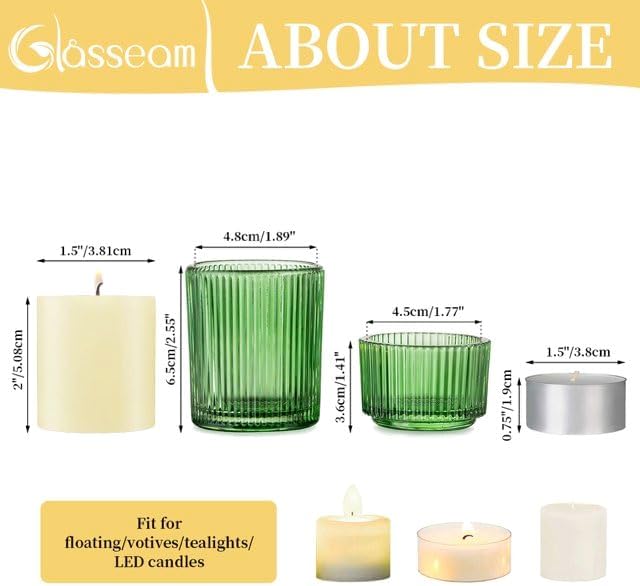 Glass Votive Tealight Candle Holder: Glasseam Small Green Tea Light Holders Set of 8 Decorative Ribbed Tea Lights Holder for Table Centerpiece Wedding Christmas Dining Room Decor