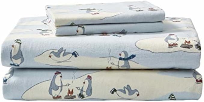 Eddie Bauer - Queen Sheets, Cotton Flannel Bedding Set, Brushed For Extra Softness, Cozy Home Decor (Skating Penguin, Queen)