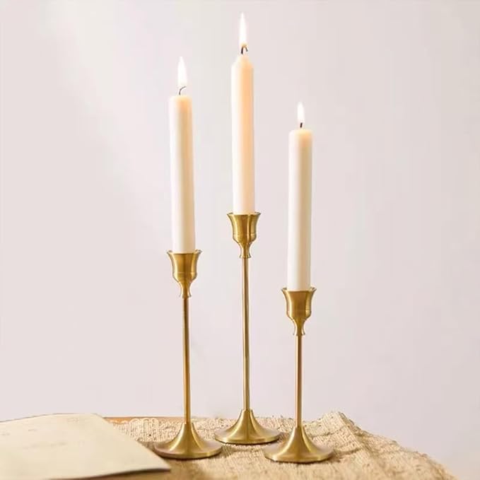 Candlestick Holders, Taper Candle Holders Set of 3, Vintage Candle Holder Decor for Table Centerpiece, Fireplace Mantel, Weddings & Housewarming (Brass Gold, 3 pcs)