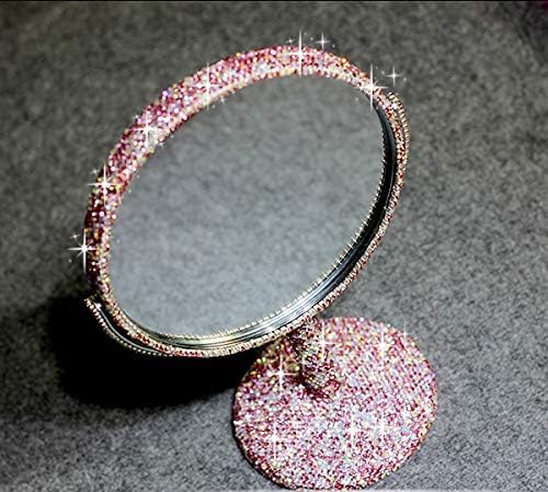 Bling Rhinestone Portable Magnified Double Sided Swivel Makeup Vanity Mirror, 360°Rotate Makeup Mirror Round Shaped Two-Sided Makeup Mirror (Pink)