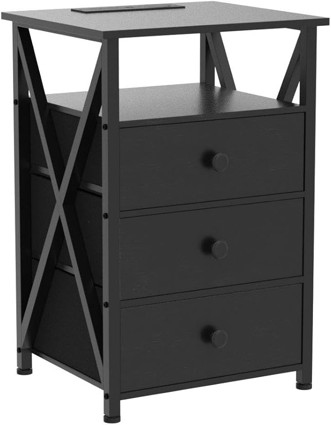 AMHANCIBLE Night Stand Set 2, LED Nightstand with Charging Station, End Side Tables with USB Port & Outlet, Bedside Table with Fabric Drawers for Bedroom Living Room, Black, HET053LBK