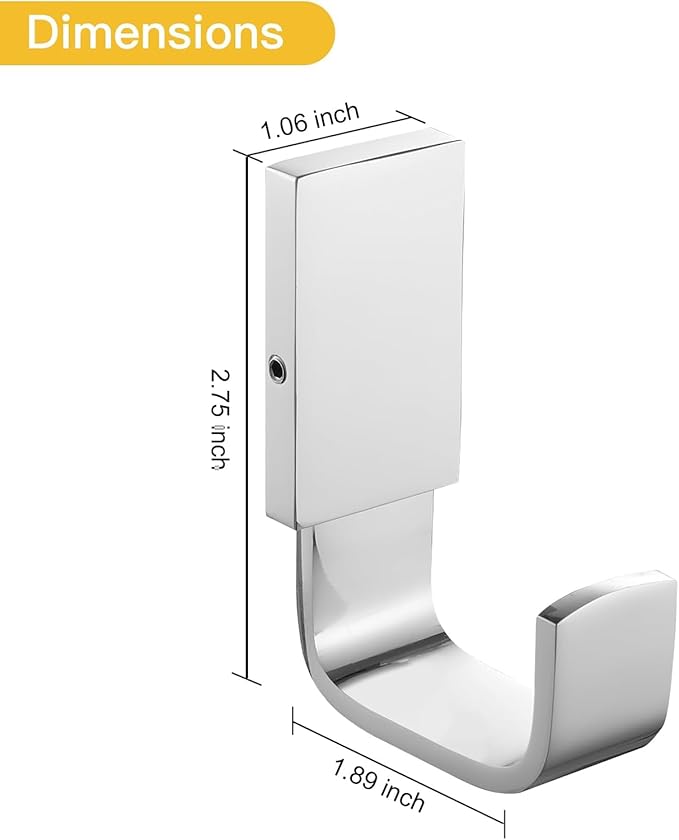 BESy Brass Clothes Hook Single Towel Hook for Bathroom Kitchen Garage Square Style Robe Hooks Coat and Hat Hook, Self Adhesive with Glue or Wall Mounted with Screws, Two Packs, Polished Chrome