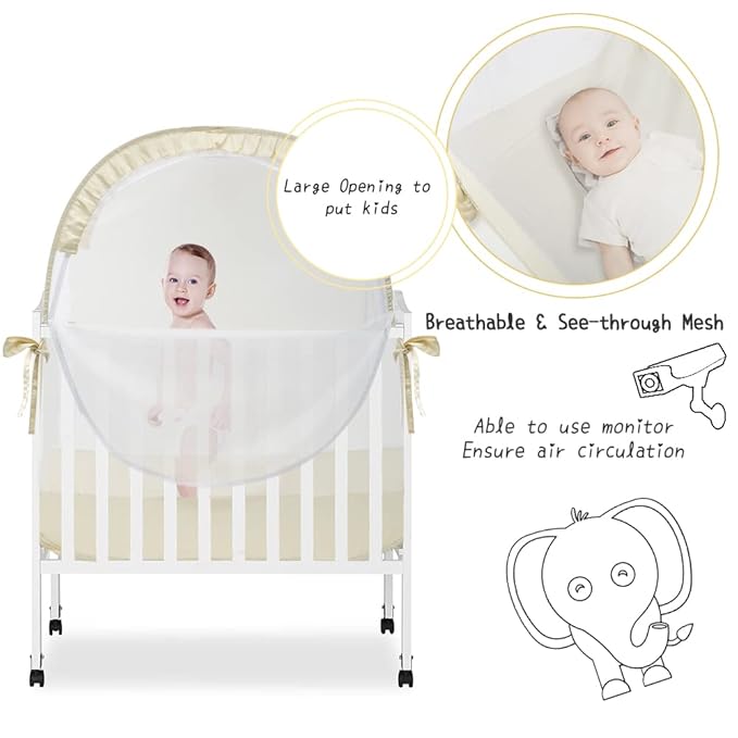 Pack N Play Tent, Baby Crib Tent to Keep Baby from Climbing Out, Pop Up Crib Net for Pack and Plays, Mini Cribs & Play Yards, See-Through & Breathable Mesh Crib Canopy, Beige, R07s-beige