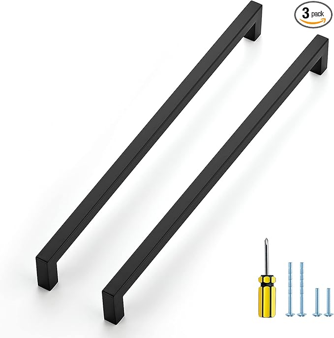 Ravinte 3 Pack Black Cabinet Pulls 12-3/5 Inch Square Kitchen Cabinet Handles Matte Black Kitchen Hardware for Drawer Pulls Drawer Handles Come with Screwdriver