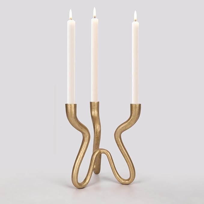 Triple Candle Holder Candelabra - Cast Iron Metal Taper Candlestick Stand with Antique Brass Finish - Elegant Wedding Centerpiece for Home, Dining, Event Decor