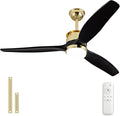 BOJUE 52 Inch Black Gold Ceiling Fans with Lights and Remote, Reversible Quite DC Motor,6 Speeds with Memory Program,Modern Farmhouse Wood Ceiling Fan with Light for Living Room Patio