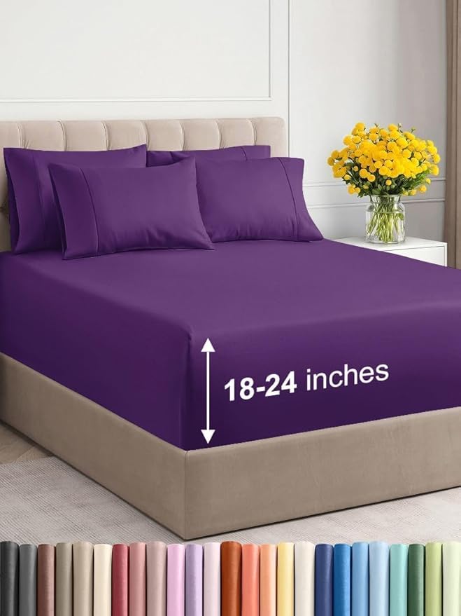 Extra Deep King Sheet Set - 6 Piece Breathable and Cooling Sheets - Hotel Luxury Bed Sheets Set - Easy & Secure Fit - Soft, Wrinkle Free and Comfy Sheets Set - Purple Sheet Set with Extra Deep Pockets