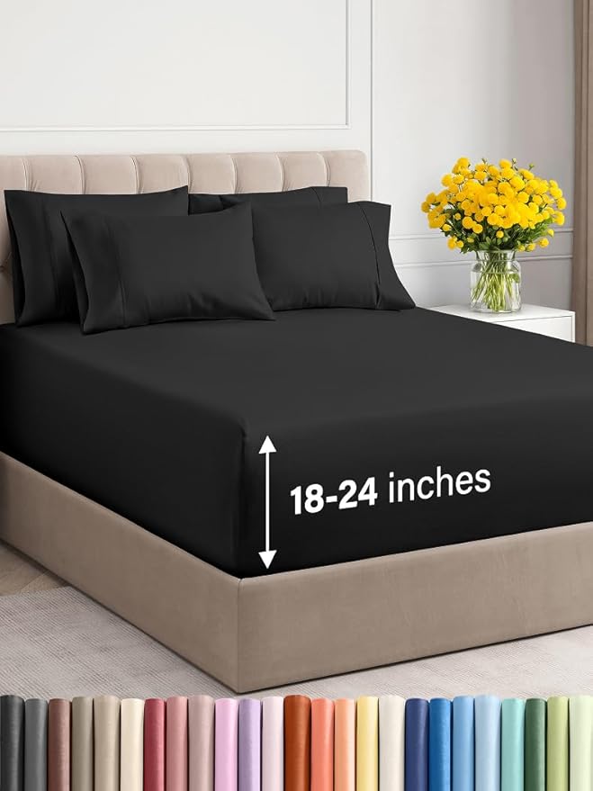 Extra Deep Cal King Sheet Set - 6 Piece Breathable & Cooling Sheets - Hotel Luxury Bed Sheets Set - Easy & Secure Fit - Soft, Wrinkle Free & Comfy Sheets Set - Black Sheet Set with Extra Deep Pockets