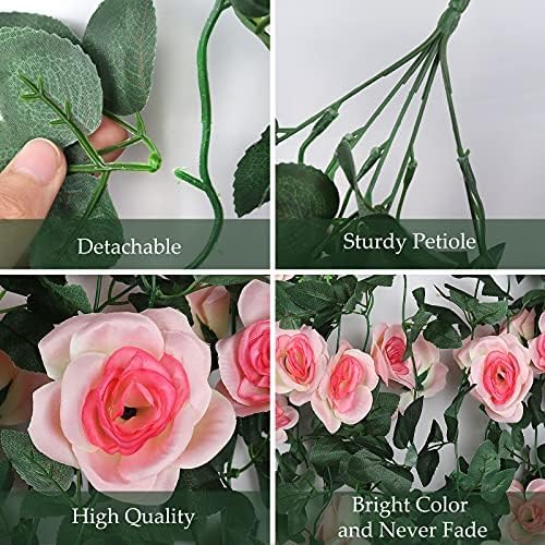 RECUTMS Artificial Hanging Rose Flower 4PCS Vine Plants with 30 LED Fairy String Lights Fake for Indoor Outside Garden Porch Farmhouse (Pink)