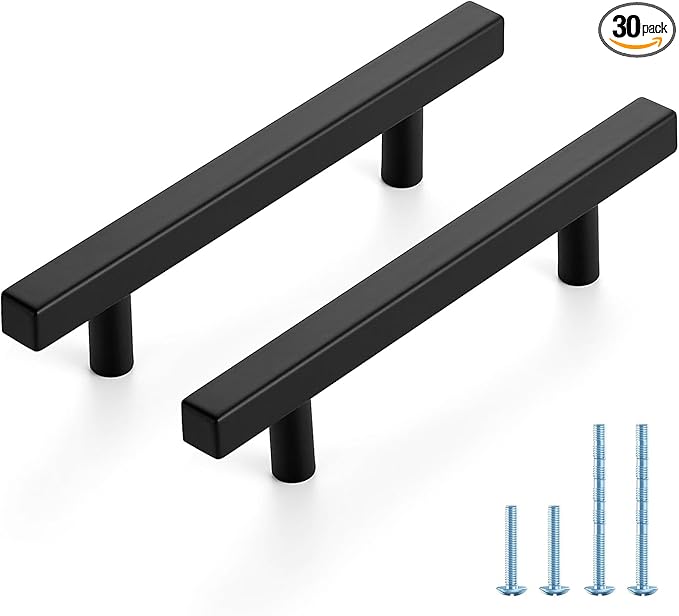 JOY DECOR 30 Pack 4 Inch Matte Black Square Cabinet Handles Stainless Steel Cabinet Hardware Pulls for Kitchen and Drawers with 6-2/5 Inch Overall Length