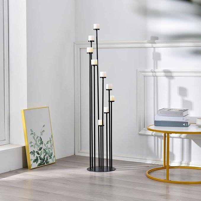 Black 9 Arm Floor Candle Holder Candelabra for Home Decor, Weddings, Dinner Parties Formal Events