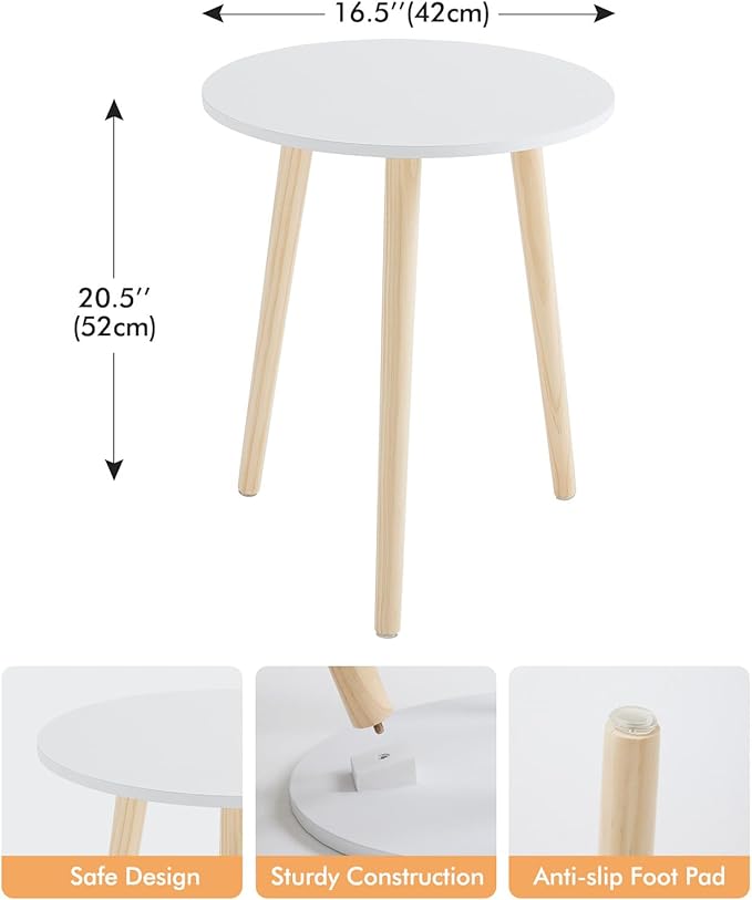 Apicizon Round Side Table Set of 2, White Nightstand Coffee End Table for Living Room, Bedroom, Small Spaces, Modern Home Decor Bedside Table with Natural Wood Legs, 16.5 Inches