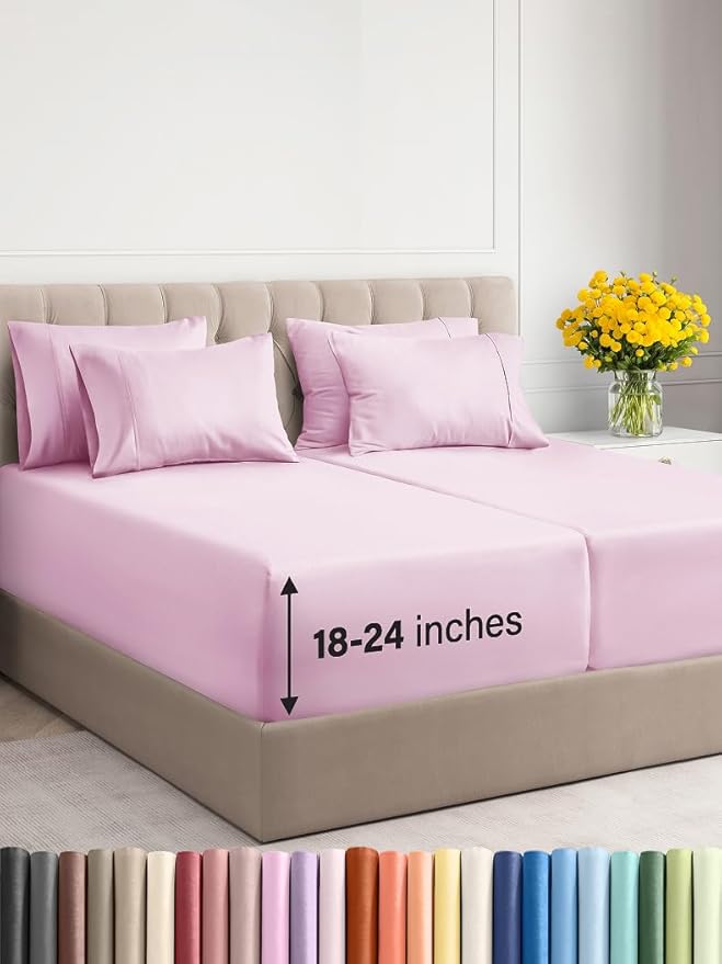Extra Deep Split King Sheet Set - 7 Piece Breathable & Cooling Sheets - Hotel Luxury Bed Sheets Set - Easy Fit - Soft, Wrinkle Free & Comfy Sheets Set - Light Pink Sheet Set with Extra Deep Pockets