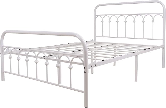 TUSEER Metal Bed Frame Full Size with Vintage Headboard and Footboard Platform Base Wrought Iron Bed Frame (Full, White)