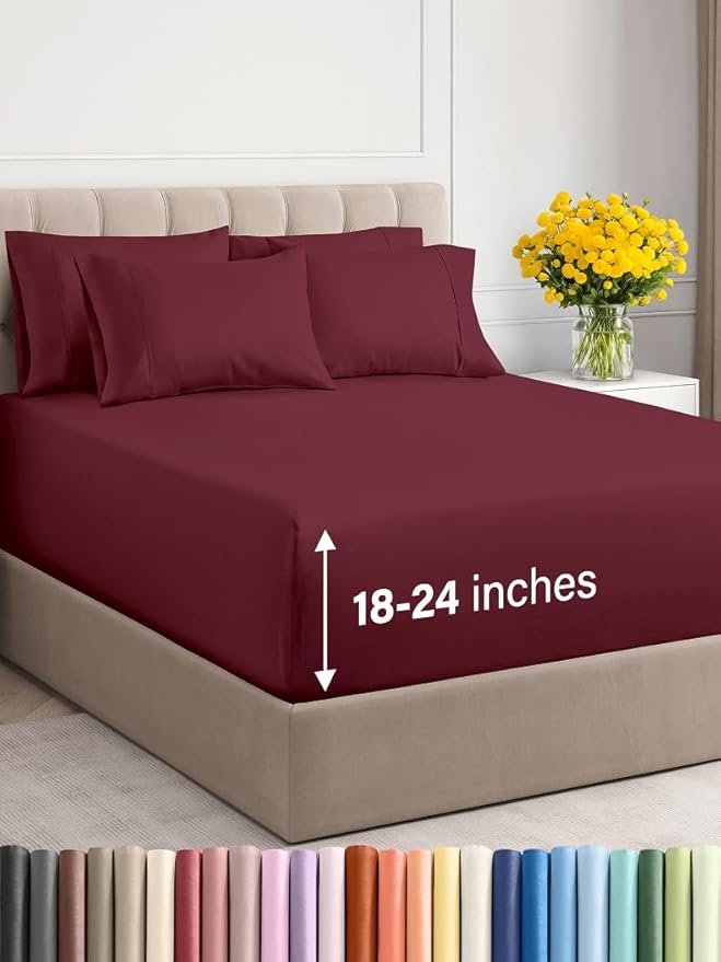 Extra Deep Queen Sheet Set - 6 Piece Breathable & Cooling Sheets - Hotel Luxury Bed Sheets Set - Easy & Secure Fit - Soft, Wrinkle Free & Comfy Sheets Set - Burgundy Sheet Set with Extra Deep Pockets