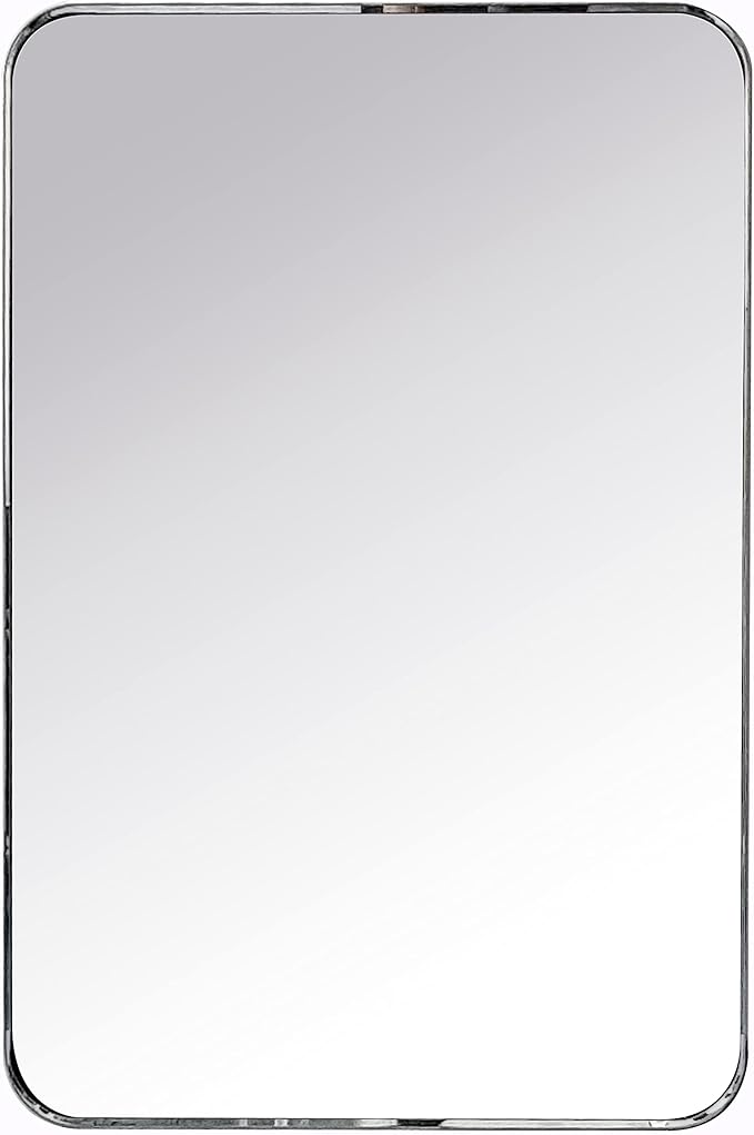 TEHOME 24x36 inch Brushed Nickel Silver Metal Framed Bathroom Mirror for Wall in Stainless Steel Silver Rounded Rectangular Bathroom Vanity Mirrors Wall Mounted…