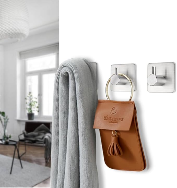 Adhesive Towel Hooks Heavy Duty Wall Hooks Waterproof Stainless Steel Hanger for Hanging Coat, Hat, Towel Robe Hook Rack Wall Mount- Bathroom and Bedroom 4-Packs