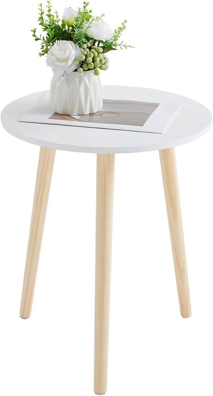 Apicizon Round Side Table Set of 2, White Nightstand Coffee End Table for Living Room, Bedroom, Small Spaces, Modern Home Decor Bedside Table with Natural Wood Legs, 16.5 Inches