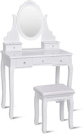 Giantex Vanity Set with Oval Mirror & Cushioned Stool, Makeup Dressing Table Large Storage with 5 Drawers, Mirrored Bedroom Vanities Makeup Table for Kids Girls Women, Easy Assembly (White)