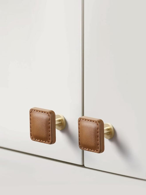 2 Pack Brown Leather Drawer Pulls Square Leather Handles Cabinet knobs for Kitchen Bathroom Cabinets Dressers Furniture Handles