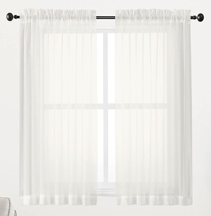 Chyhomenyc Ivory Sheer Window Curtain Panels 45 Inch, Set of 2, Light Filtering Solid Voile Curtains Drapes for Small Window/Living Room/Bedroom, Rod Pocket, 42W x 45L inches