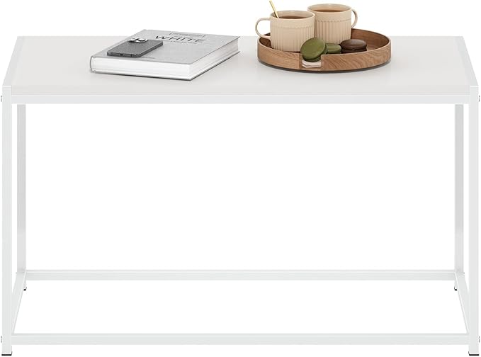 Furinno CAMNUS Coffee Table, Metal Frame Modern Coffee Table, Rectangular Side Table, Toolless Assembly, for Living Room, Bedroom, Home Office, Solid White